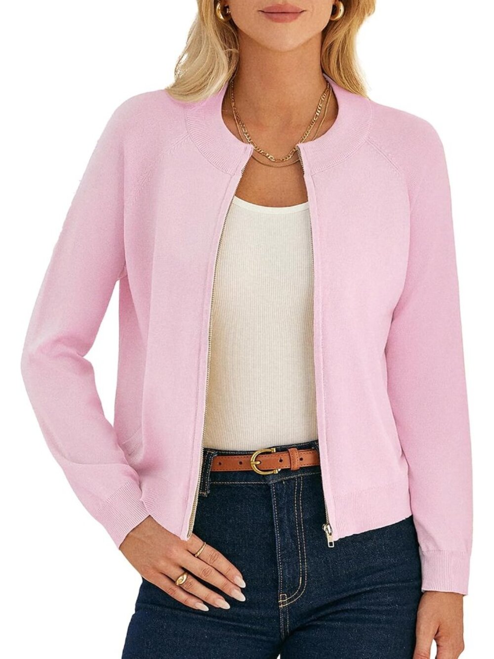 〽️Women's Pink Long Sleeve Zip Up Cardigan Lightweight Knitted Sweater Jacket